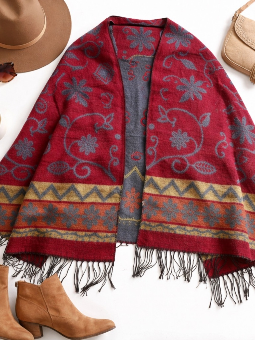 Boho Red Floral Fringe Shawl Wrap Blanket Scarf Oversized Soft Cozy Festival OS